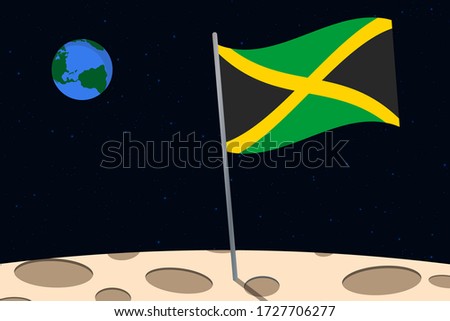 View of planet Earth from the surface of the Moon with the Jamaica flag and holes on the ground