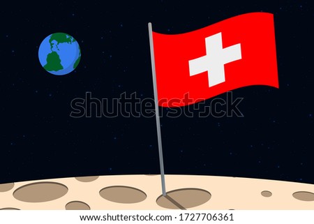 View of planet Earth from the surface of the Moon with the Switzerland flag and holes on the ground
