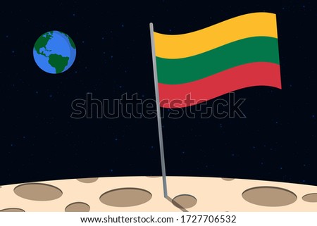 View of planet Earth from the surface of the Moon with the Lithuania flag and holes on the ground