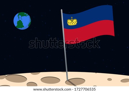 View of planet Earth from the surface of the Moon with the Liechtenstein flag and holes on the ground