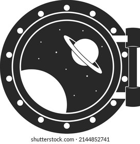 View of the planets from the porthole of a spaceship. A starry sky with planets. Flat black icon. Vector illustration isolated on a white background.