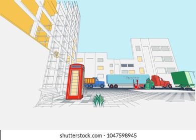 The view of the plant, facade, elevation, appliances, carriers, transport, industry, .blueprint, 3d. Vector