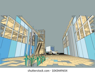 The view of the plant with a scientific laboratory, facade, elevation, appliances, carriers, transport, blueprint, 3d. Vector