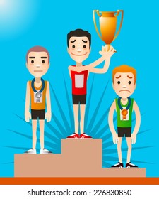 A View Of The Podium After A Race, With Each Runner In Its Place. Winner Holding Cup Standing On First Place Vector Illustration. 