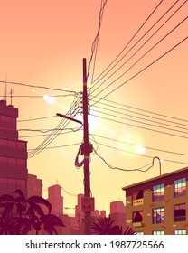 View of the pole with wires.. Sunset in the big city. Shadow from a pole with electric wires. Realistic illustration. Vector city landscape illustration. EPS 10.