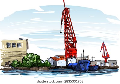 View of a port loading area. Urban infrastructure concept. Hand drawn sketch, not AI