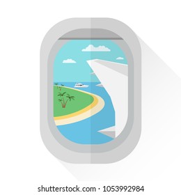 View from the porthole of a passenger plane to an island with palm trees and a yacht. Wing of the plane. 10 eps