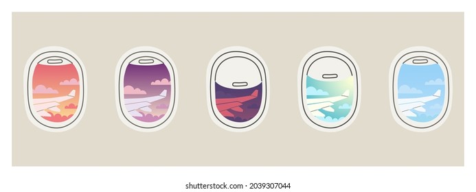 View from porthole. Set of airplane windows with open and closed curtains. Night, day, sunset and dawn skies are overboard. Airplane wing view. Flat vector illustration.