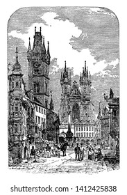 View in Prague is a prosperous well built city near the Centre of the kingdom, vintage line drawing or engraving illustration.