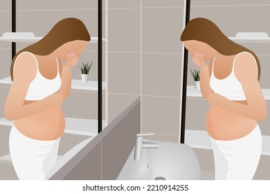 View of a pregnant woman suffering from toxemia in the bathroom