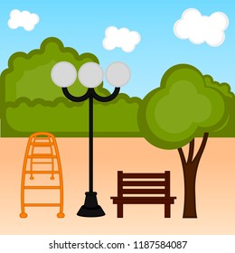 View of a public park with a lamp and a bench