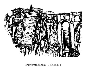 view of the Puente Nuevo bridge over the river Guadalevin in Ronda, Andalusia, hand drawn sketch graphic vector illustration