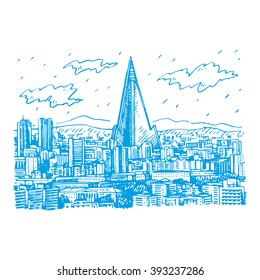 View of the Pyongyang, the capital of North Korea. Ryugyong Hotel on the skyline. Sketch by hand. Vector illustration