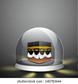 View of Qaba Shareef in a glass gift box on grey rays background for Ramadan Kareem.