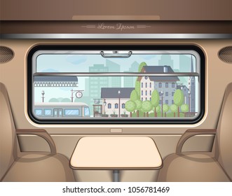 View of the railway station from the train window. Travel and transportation by train. Train Journey. Vector illustration