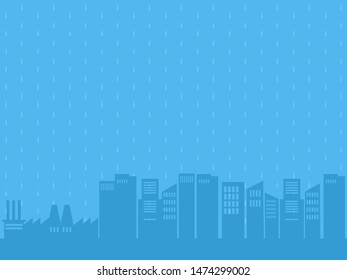 View rainy day modern town landscape,dark blue downtown  background, cloud, buildings, rainfall, Rainy season Health care concept, Cartoon Flat vector design.