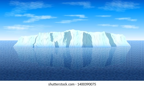 View of a realistic iceberg in a calm sea against a blue sky with clouds. Seascape vector, illustration.