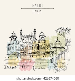 View of Red Fort in Delhi, India. Vintage hand drawn postcard template. Vector illustration