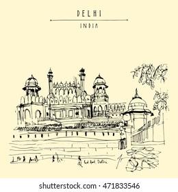 View of Red Fort in Delhi, India. Vintage hand drawn postcard template. Vector illustration