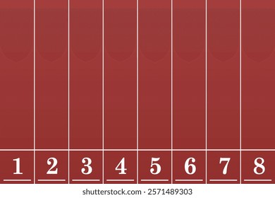 view of a red running track with eight numbered lanes separated by white lines