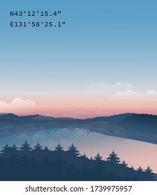 
view of the reservoir, sky with clouds, forest and hills at sunrise
