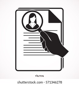 View Resume with magnifying glass. Hiring staff process. Vector simple illustration of recruitment.