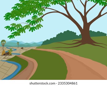 The view of the rice fields with farmers planting rice.