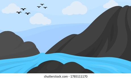 view of the river between two mountains with a blue sky background