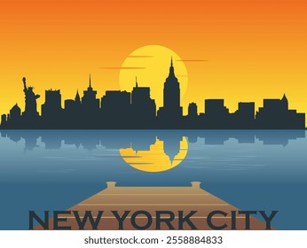 View from the river dock at sunrise - sunset over the city of New York City skyline with the reflection of the city and the sun in the water with inscription of the name of the city