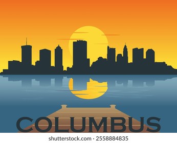 View from the river dock at sunrise - sunset over the city of Columbus skyline with the reflection of the city and the sun in the water with inscription of the name of the city