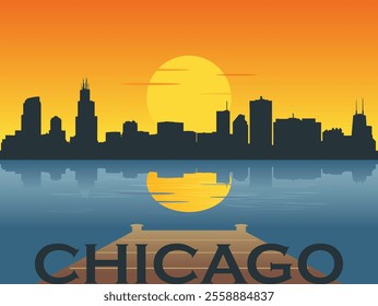 View from the river dock at sunrise - sunset over the city of Chicago skyline with the reflection of the city and the sun in the water with inscription of the name of the city