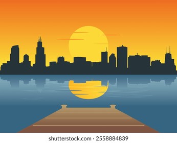 View from the river dock at sunrise - sunset over the city of Chicago skyline with the reflection of the city and the sun in the water