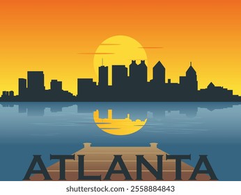 View from the river dock at sunrise - sunset over the city of Atlanta skyline with the reflection of the city and the sun in the water with inscription of the name of the city