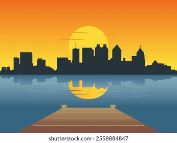 View from the river dock at sunrise - sunset over the city of Atlanta skyline with the reflection of the city and the sun in the water