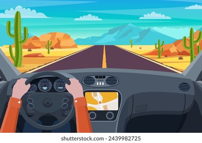 View of the road from the car interior. highway road in desert. Sandy desert landscape with road, rocks and cactuses. highway in Arizona or Mexico hot sand. Vector illustration in flat style