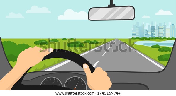 View of the road from the driver\'s seat. The\
driver looks at the road through the windshield of the car. Vector\
illustration. Vector.