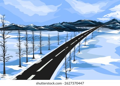 a view of a road with fallen trees crossing snowy mountains