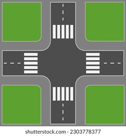 view of the road intersection from the top in vector with crosswalks