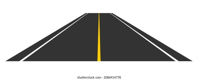 View of road stretching into distance. Empty highway with marking going far away. Travelling, trip, forward movement, future concept. Vector flat illustration.