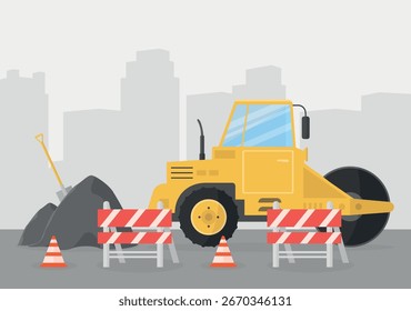 Vista de las obras de carretera con rodillo de carretera, barreras de carretera y mezcla de hormigón asfáltico.
