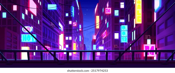 View from roof top on night city downtown street with neon glow signs and ad boards. Blue and purple cartoon vector urban landscape with skyscraper buildings. Futuristic illuminated cityscape.