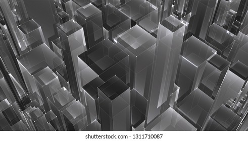 view of the roofs of the city, a large chaotic set of glass pendants.