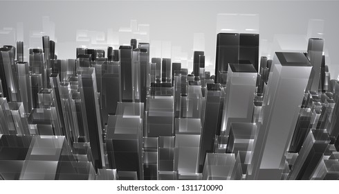 View of the roofs of the city, a large chaotic set of glass pendants.