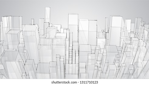 View of the roofs of the city, a large chaotic set of glass pendants.