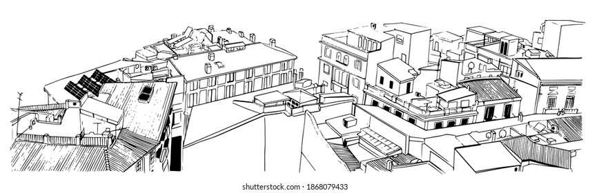 View of roofs of Mediterranean city. Vector Sketch Illustration doodle style black and white drawing