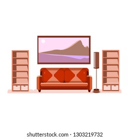 View of the room. Sofa. Wardrobe. Rack. Element of the interior. Furniture.