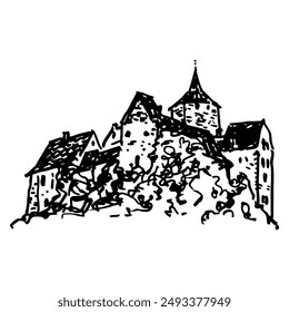 View of Rothenfels Castle in Bavaria, Germany. Hand drawn linear doodle rough sketch. Black and white silhouette.