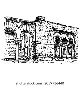 View of ruined wall of Medina Azahara palace in Cordova or Córdoba, Spain. Architectural illustration. Hand drawn linear doodle rough sketch. Black ink silhouette on white background.