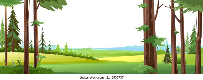 View of rural fields and meadows. Farmer Garden. Beautiful coniferous trees. Summer rural landscape. Illustration in cartoon style flat design Isolated on white background. Vector