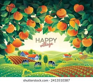 View of the rural landscape with village, through the branches of an apple orchard. Vector illustration.